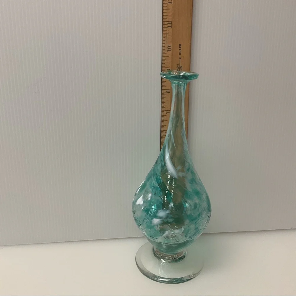 LC ROFF Vase Hand Blown Glass Teardrop Signed Swirls 9” Tall Aqua